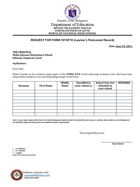sf10 form 137|sf10 request form.
